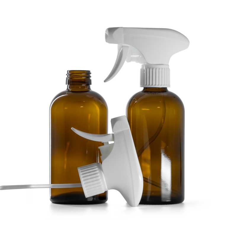 Sklenená fľaška, liekovka Boston, 28 mm, biely pákový rozprašovač, 250 ml