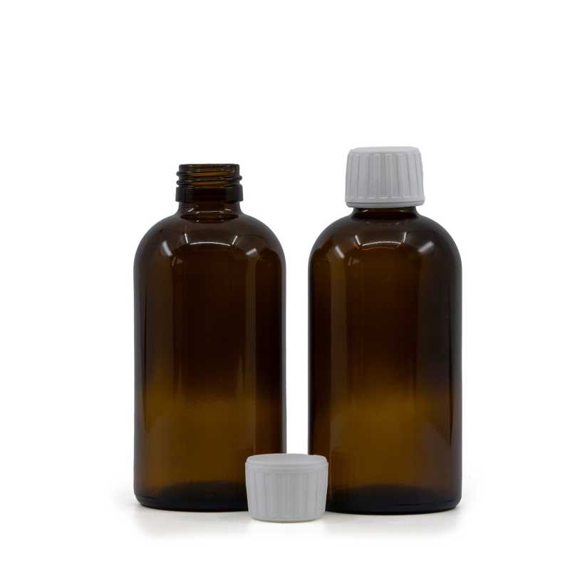 Sklenená fľaška, liekovka Boston, 28 mm, biely vrchnák, 250 ml