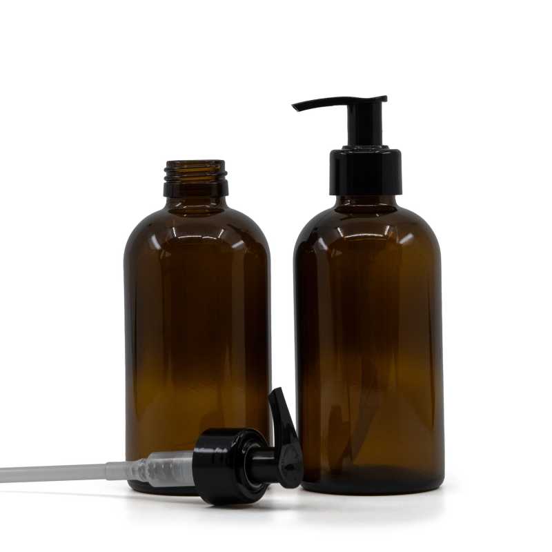 Sklenená fľaška, liekovka Boston, 28 mm, čierny dávkovač, hladká obruč, 250 ml