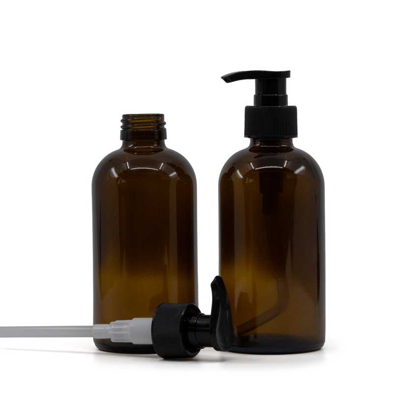 Sklenená fľaška, liekovka Boston, 28 mm, čierny dávkovač, vrúbkovaná obruč, 250 ml