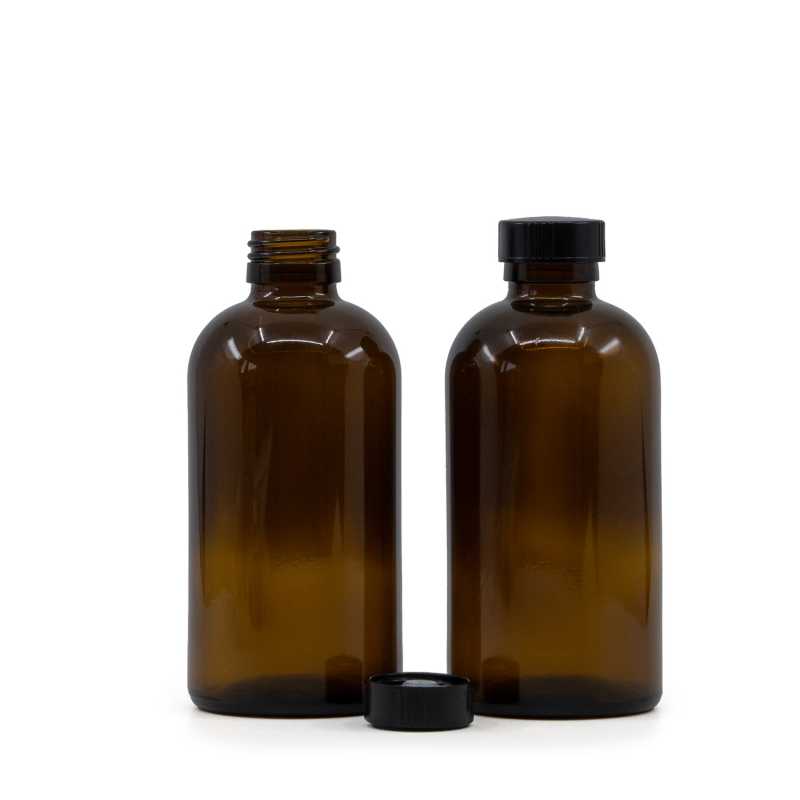 Sklenená fľaška, liekovka Boston, 28 mm, čierny nízky vrchnák, 250 ml