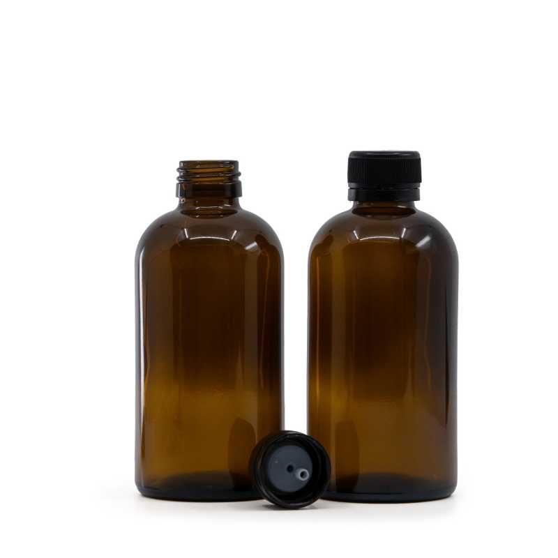Sklenená fľaška, liekovka Boston, 28 mm, čierny plastový vrchnák s kvapátkom, 250 ml