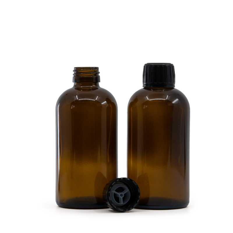Sklenená fľaška, liekovka Boston, 28 mm, čierny vrchnák s nalievacou vložkou, 250 ml