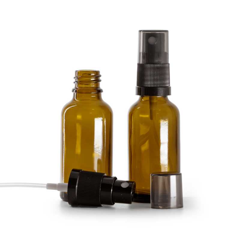 Sklenená fľaška, liekovka, čierny rozprašovač, dymový kryt, 30 ml 
