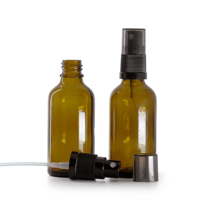 Sklenená fľaška, liekovka, čierny rozprašovač, dymový kryt, 50 ml   
