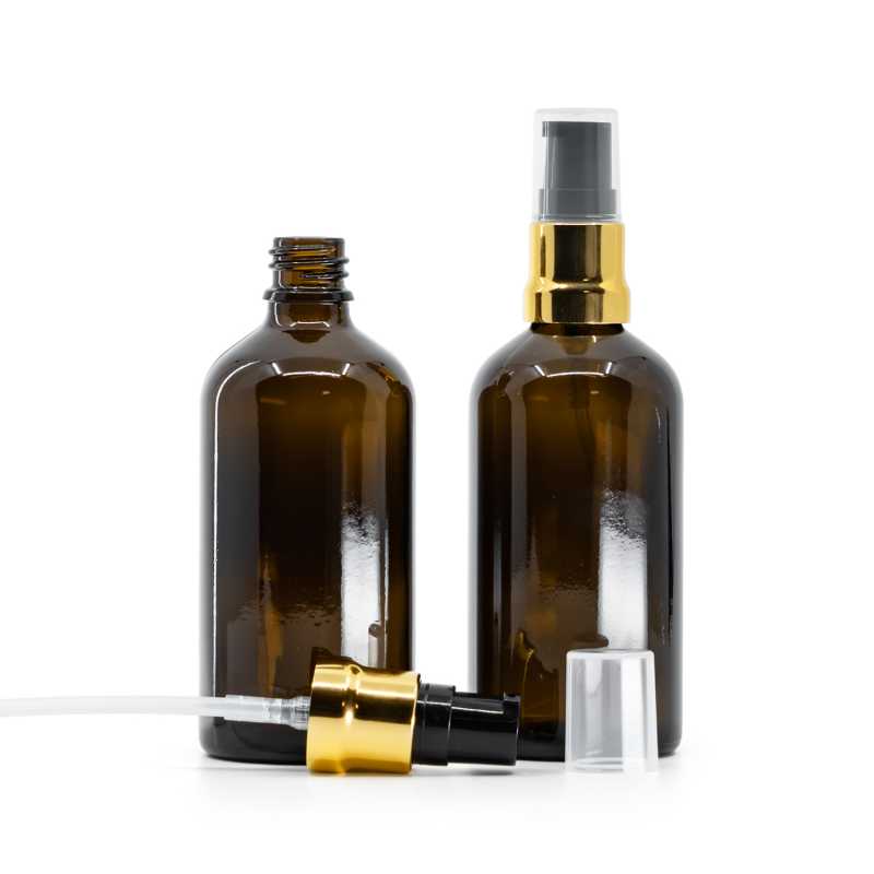 Sklenená fľaška, liekovka, hnedá, čierno-zlatý lesklý dákovač, priehľadný vrch, 100 ml