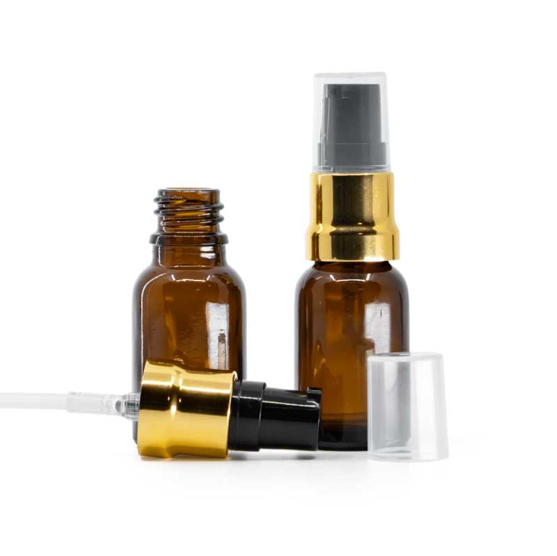 Sklenená fľaška, liekovka, hnedá, čierno-zlatý lesklý dákovač, priehľadný vrch, 15 ml