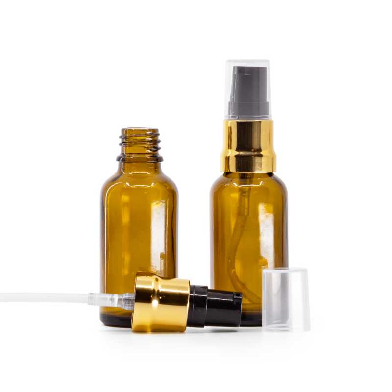 Sklenená fľaška, liekovka, hnedá, čierno-zlatý lesklý dákovač, priehľadný vrch, 30 ml