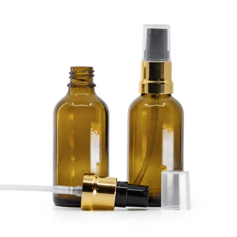 Sklenená fľaška, liekovka, hnedá, čierno-zlatý lesklý dákovač, priehľadný vrch, 50 ml