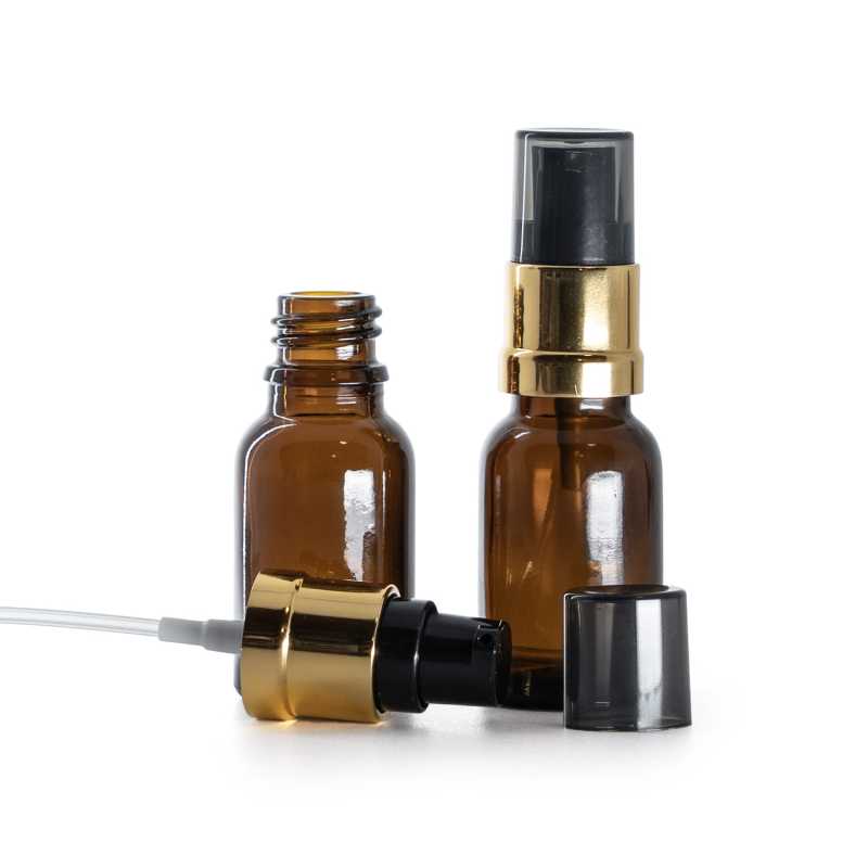 Sklenená fľaška, liekovka, hnedá, čierno-zlatý lesklý dávkovač s dymovým krytom, 15 ml
