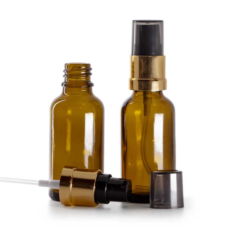 Sklenená fľaška, liekovka, hnedá, čierno-zlatý lesklý dávkovač s dymovým krytom, 30 ml