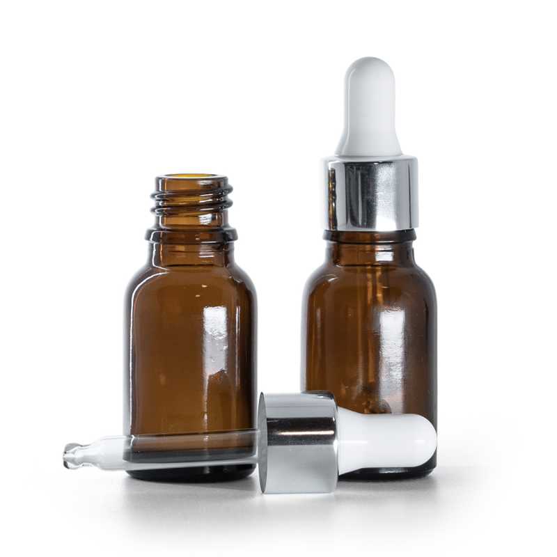 Sklenená fľaška, liekovka, kvapátko strieborné lesklé, 15 ml