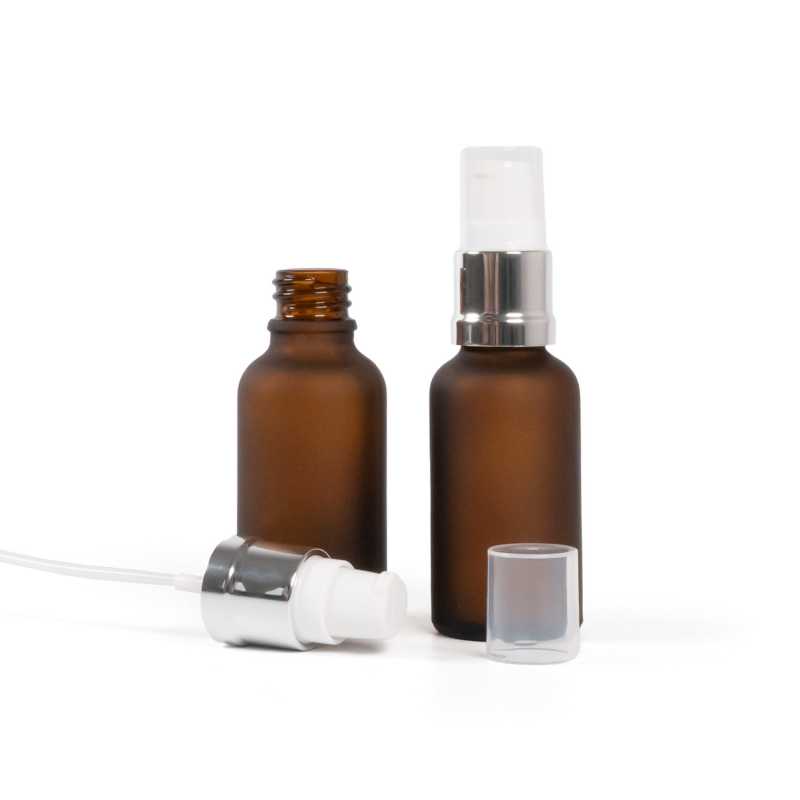Sklenená fľaška, liekovka, matná hnedá, bielo-strieborný lesklý dávkovač, 30 ml