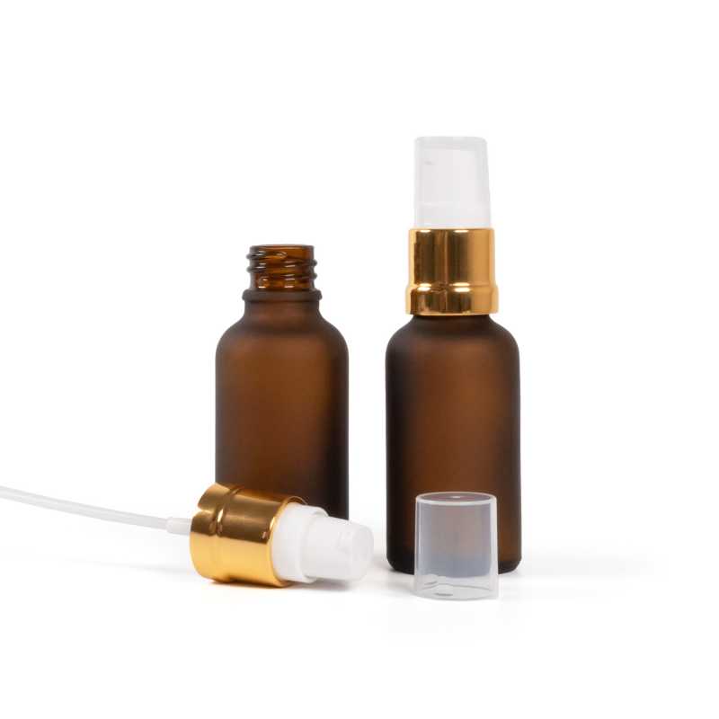 Sklenená fľaška, liekovka, matná hnedá, bielo-zlatý lesklý dávkovač, 30 ml