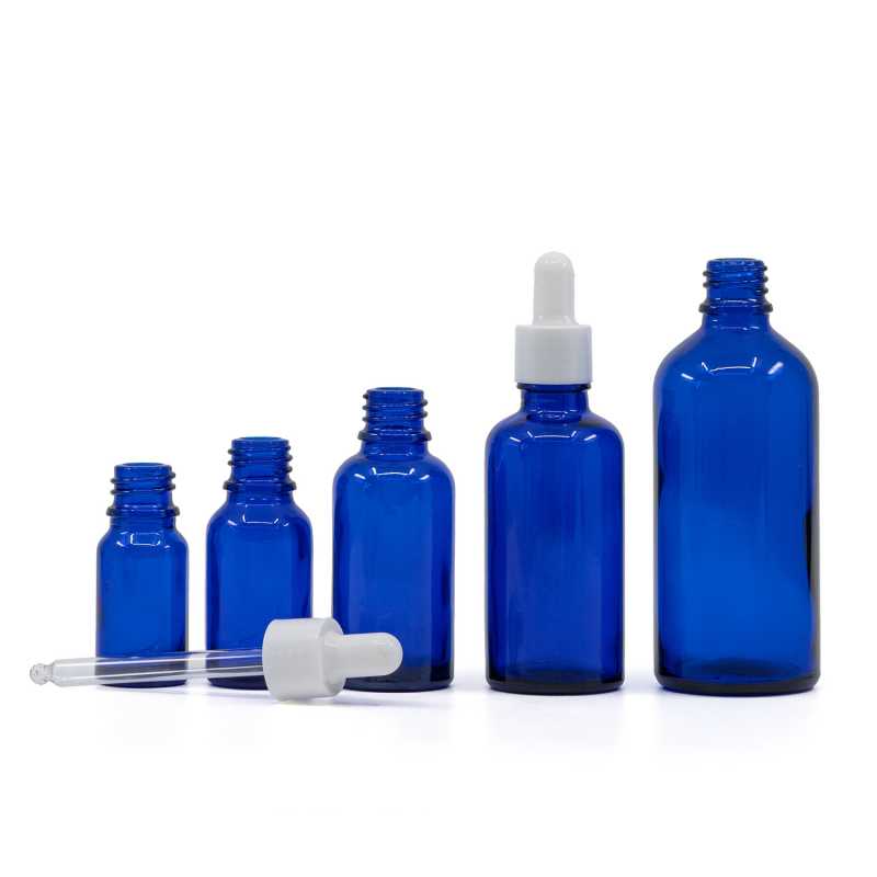 Sklenená fľaška, liekovka, modrá, biele lesklé kvapátko, 5 ml