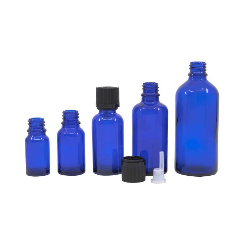 Sklenená fľaška, liekovka modrá, čierny vrúbkovaný vrchnák s poistkou, 5 ml