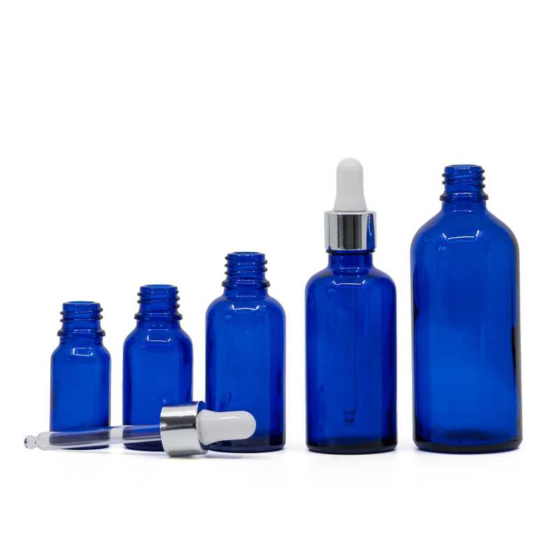 Sklenená fľaška, liekovka modrá, strieborné lesklé kvapátko, 5 ml