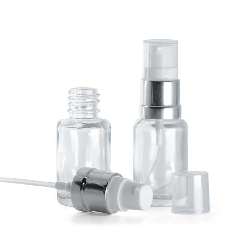 Sklenená fľaška, liekovka, priehľadná, oblá, bielo-strieborný lesklý dávkovač, 12 ml