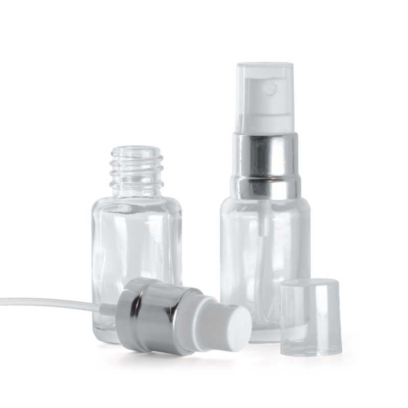 Sklenená fľaška, liekovka, priehľadná, oblá, bielo-strieborný rozprašovač, 12 ml