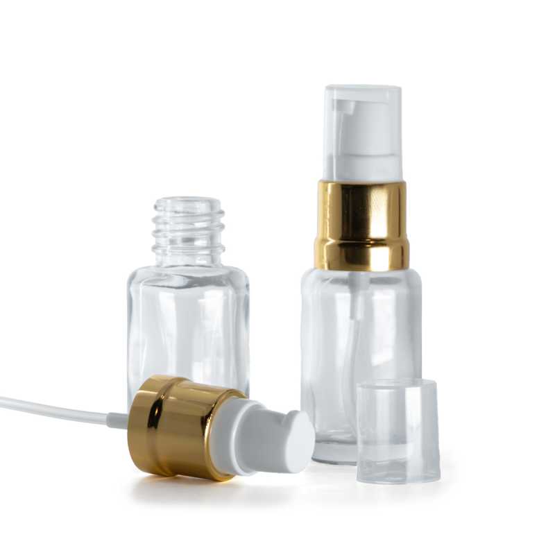 Sklenená fľaška, liekovka, priehľadná, oblá, bielo-zlatý lesklý dávkovač, 12 ml