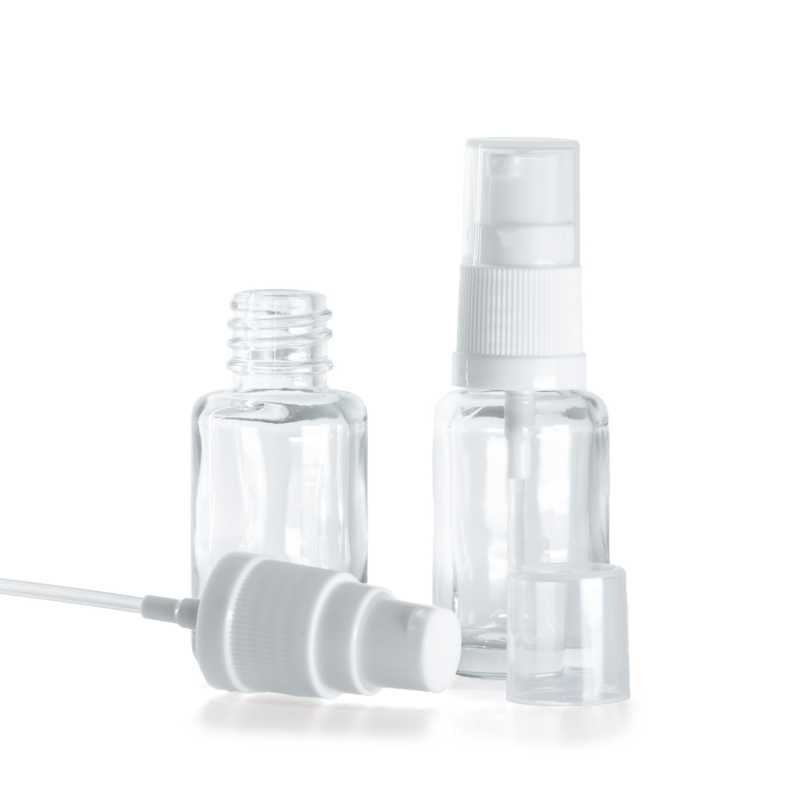 Sklenená fľaška, liekovka, priehľadná, oblá, biely dávkovač, 12 ml