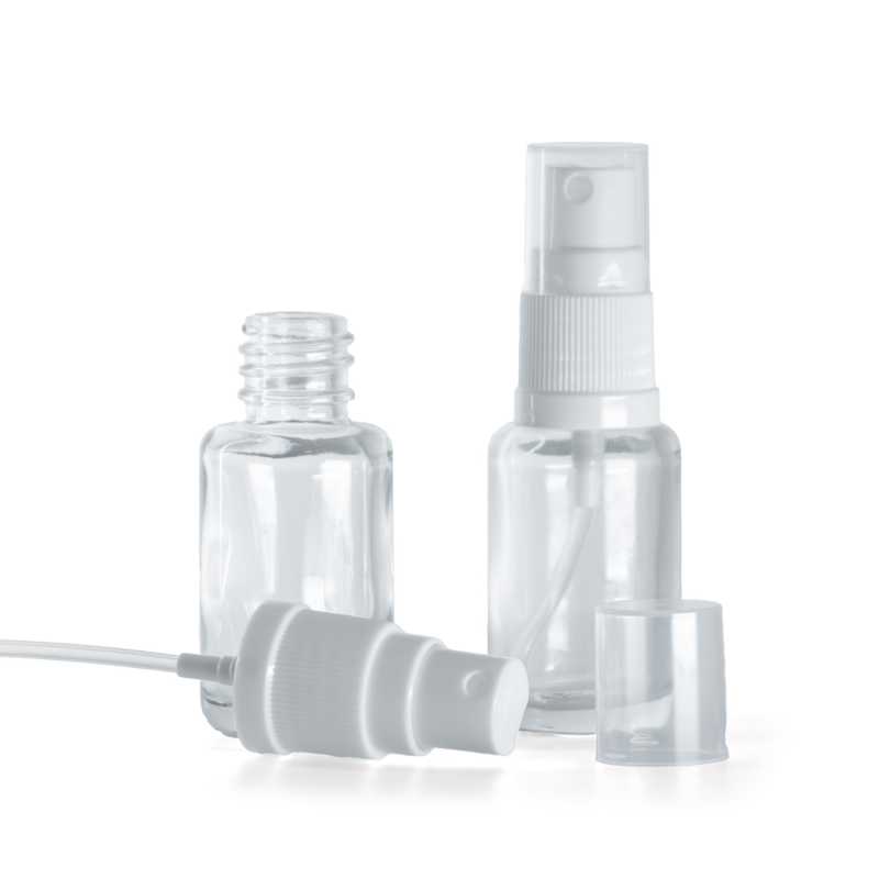 Sklenená fľaška, liekovka, priehľadná, oblá, biely rozprašovač, 12 ml