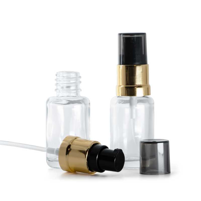 Sklenená fľaška, liekovka, priehľadná, oblá, čierno-zlatý lesklý dávkovač, 12 ml