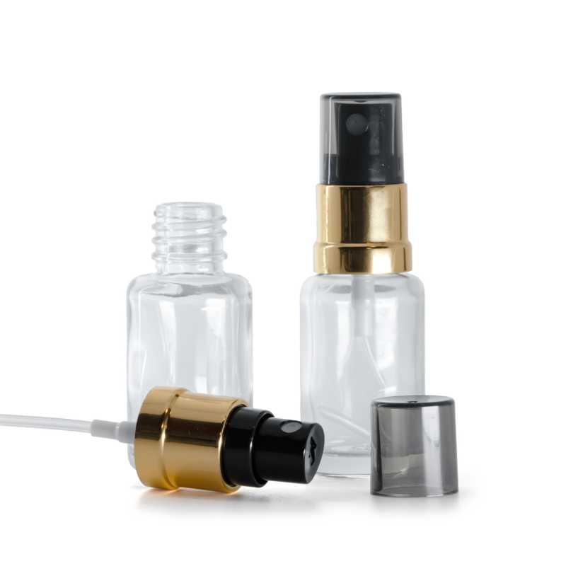 Sklenená fľaška, liekovka, priehľadná, oblá, čierno-zlatý rozprašovač, dymový kryt, 12 ml