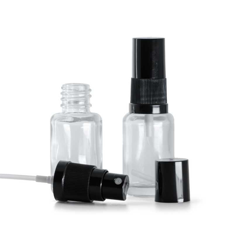 Sklenená fľaška, liekovka, priehľadná, oblá, čierny rozprašovač, čierny vrch, 12 ml