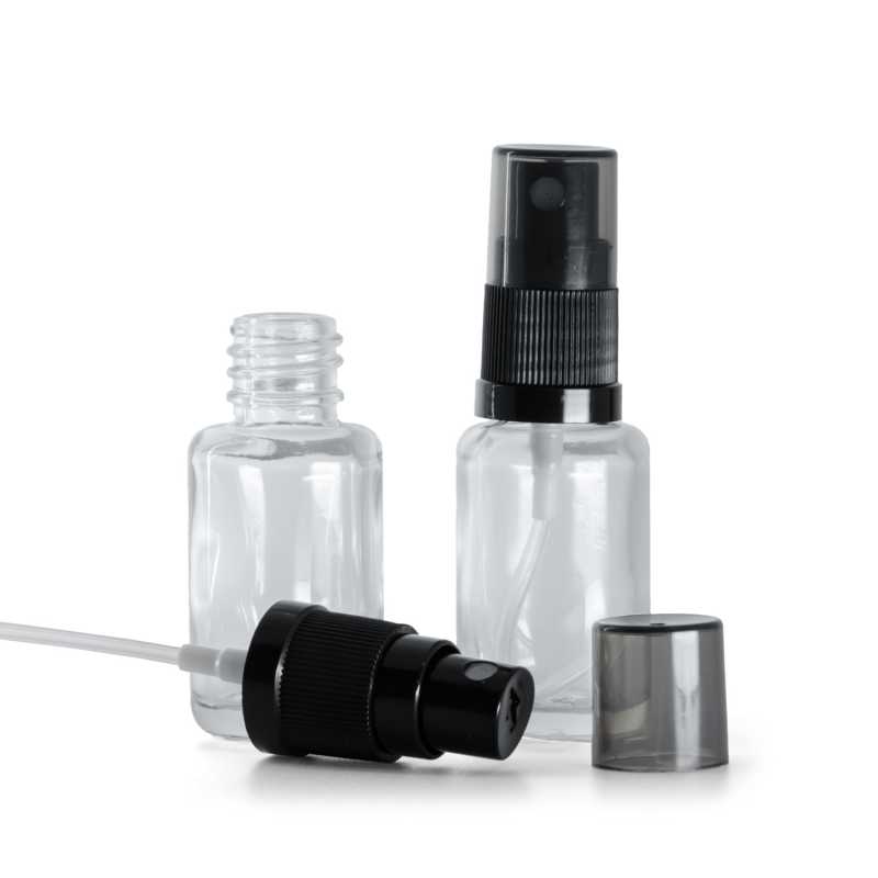 Sklenená fľaška, liekovka, priehľadná, oblá, čierny rozprašovač, dymový vrch, 12 ml