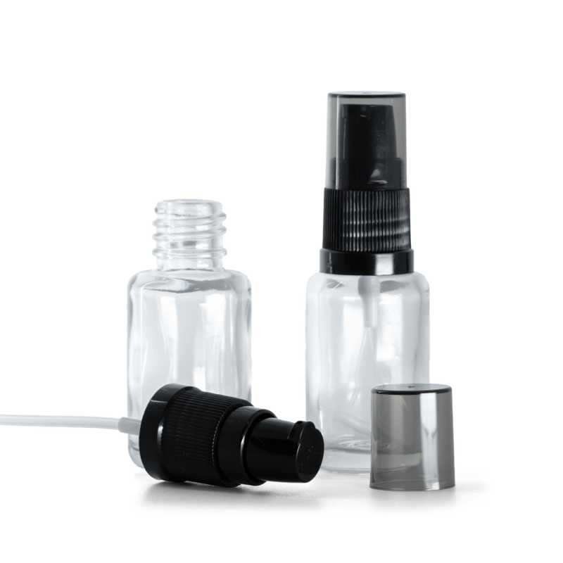 Sklenená fľaška, liekovka, priehľadná, oblá, dávkovač krémov s dymovým krytom, 12 ml