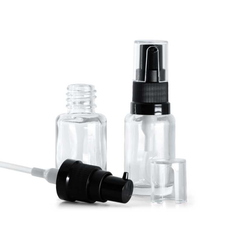 Sklenená fľaška, liekovka, priehľadná, oblá, dávkovač olejov, 12 ml