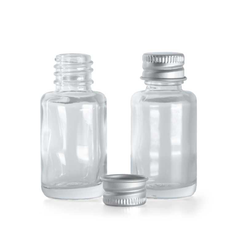 Sklenená fľaška, liekovka, priehľadná, oblá, hliníkový vrchnák, 12 ml