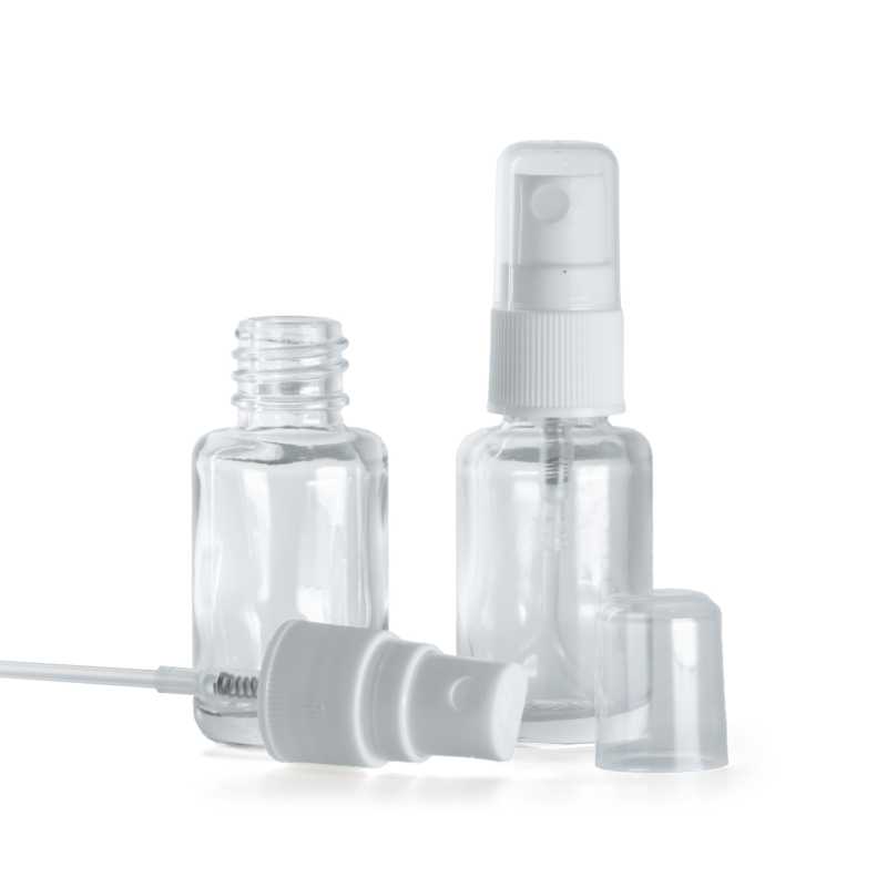 Sklenená fľaška, liekovka, priehľadná, oblá, rozprašovač biely na plastovú fľašu, 12 ml