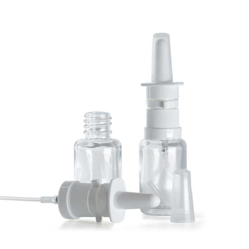Sklenená fľaška, liekovka, priehľadná, oblá, sprej do nosa, 12 ml