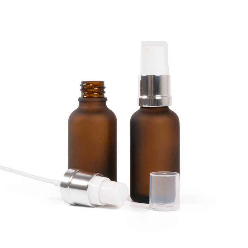 Sklenená fľaška, matná liekovka, bielo-strieborný rozprašovač, 30 ml