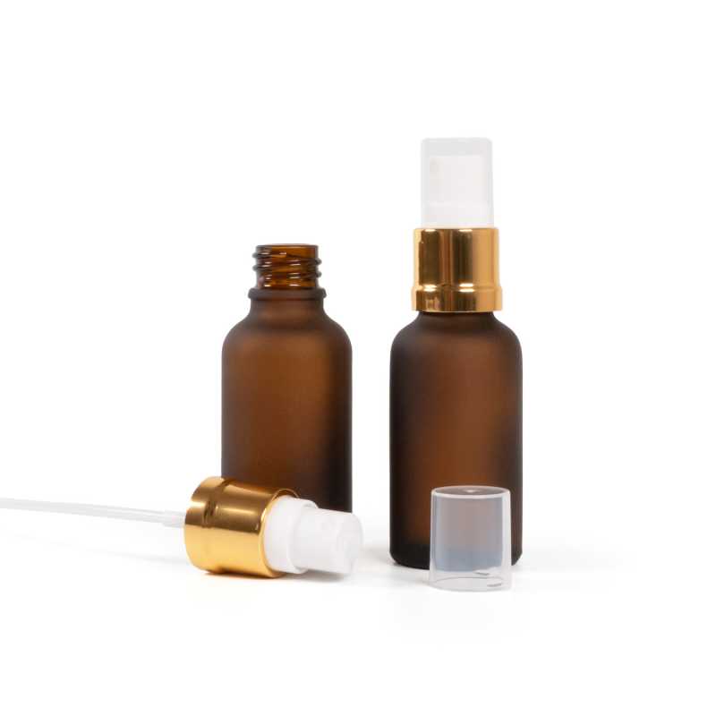 Sklenená fľaška, matná liekovka, bielo-zlatý rozprašovač, 30 ml