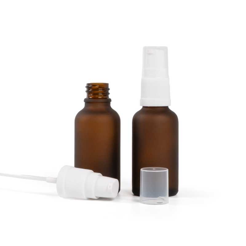 Sklenená fľaška, matná liekovka, biely dávkovač, 30 ml