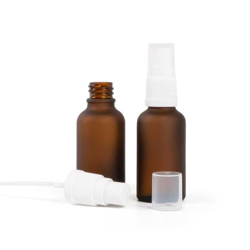 Sklenená fľaška, matná liekovka, biely rozprašovač, 30 ml