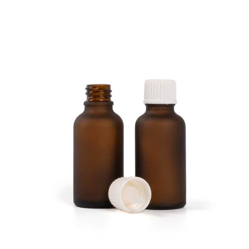 Sklenená fľaška, matná liekovka, biely vrchnák s kvapátkom, 30 ml