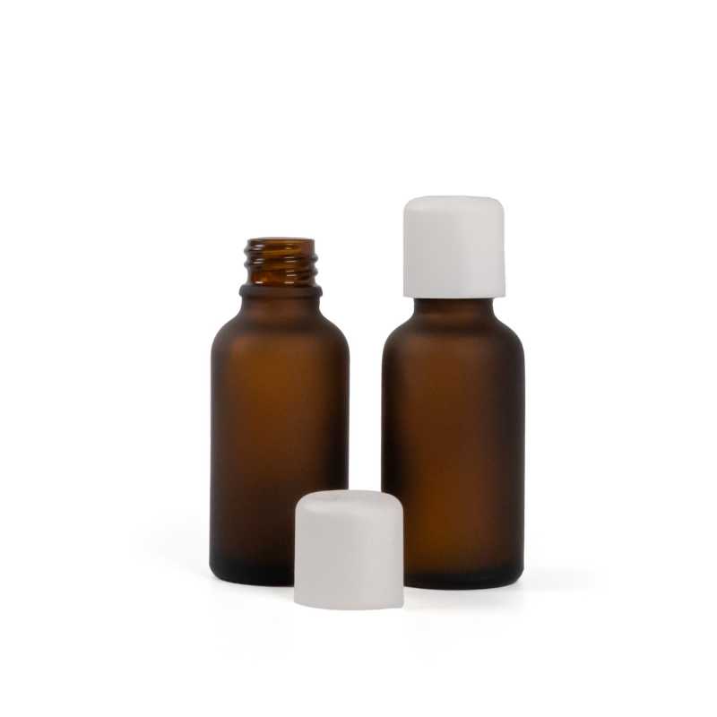 Sklenená fľaška, matná liekovka, biely vrchnák s poistkou, 30 ml