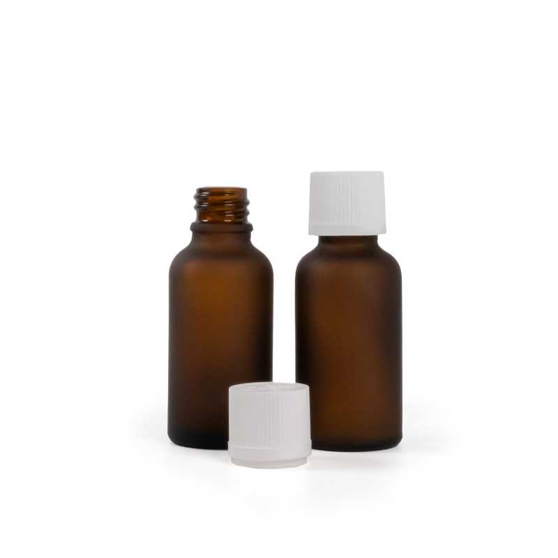 Sklenená fľaška, matná liekovka, biely vrúbkovaný vrchnák s poistkou, 30 ml