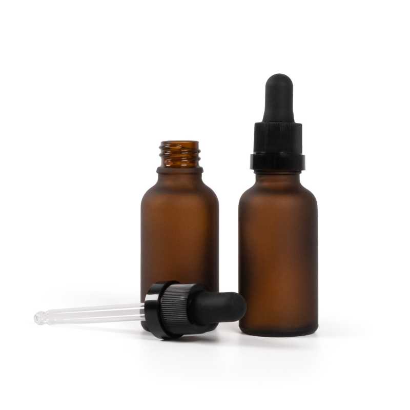 Sklenená fľaška, matná liekovka, čierne kvapátko s lesklým prúžkom, 30 ml