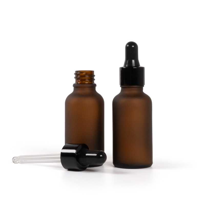 Sklenená fľaška, matná liekovka, čierne lesklé kvapátko, 30 ml