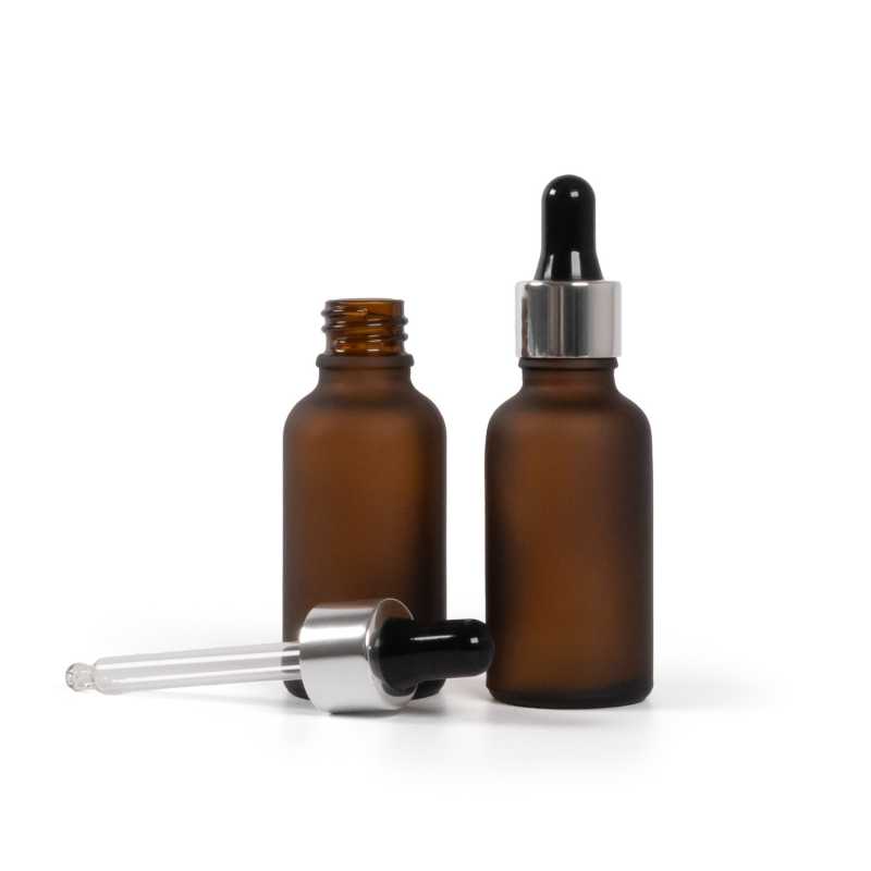 Sklenená fľaška, matná liekovka, čierno-strieborné kvapátko, 30 ml
