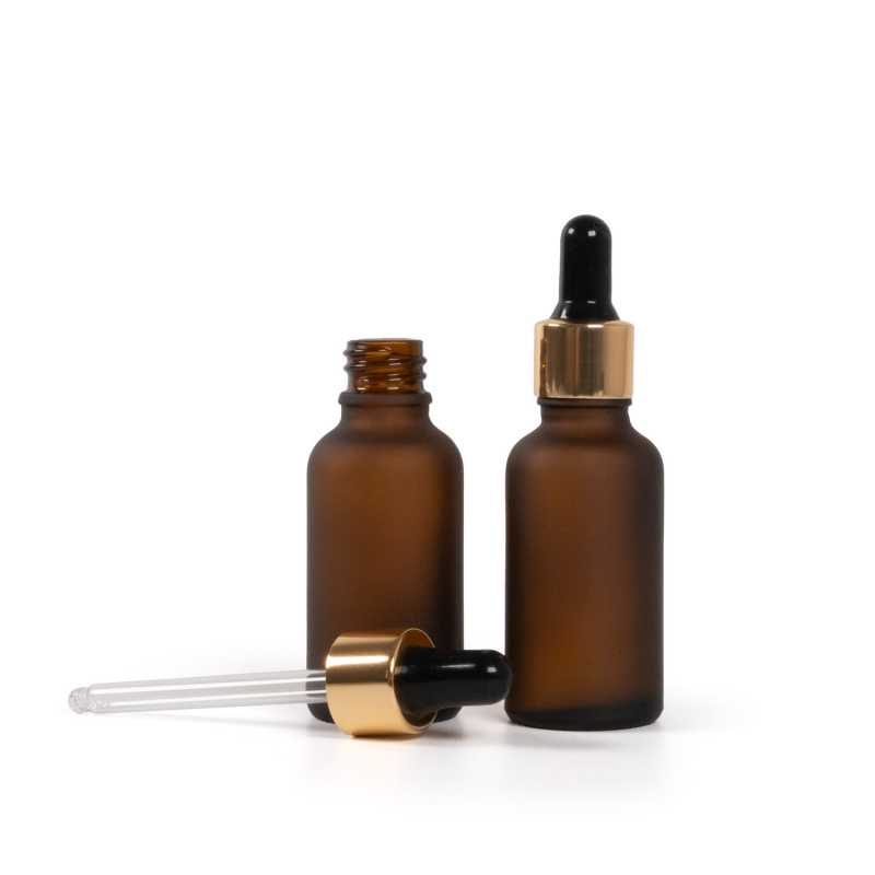 Sklenená fľaška, matná liekovka, čierno-zlaté kvapátko, 30 ml