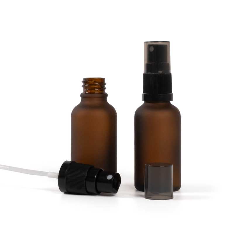 Sklenená fľaška, matná liekovka, čierny rozprašovač, dymový vrch, 30 ml