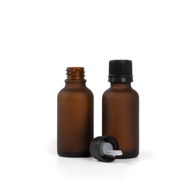 Sklenená fľaška, matná liekovka, čierny vrchnák s kvapátkom, 30 ml