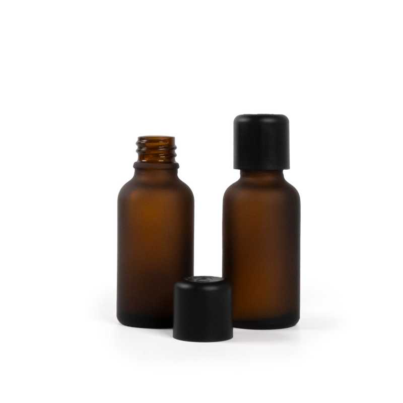 Sklenená fľaška, matná liekovka, čierny vrchnák s poistkou, 30 ml