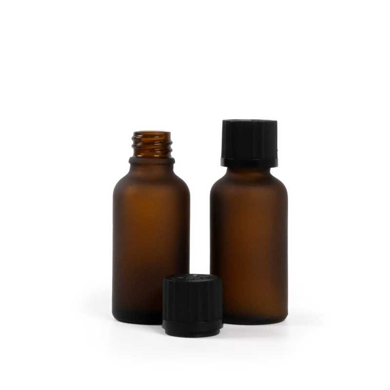 Sklenená fľaška, matná liekovka, čierny vrúbkovaný vrchnák s poistkou, 30 ml